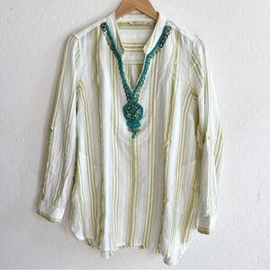 Soft Surroundings Elisha Tunic Green Striped Turquoise Bead Trim Gauze Top